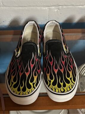 Vans Slip-On Sneakers - Black with Red & Yellow Flame Print